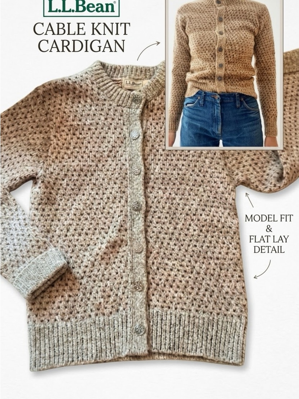 Vintage L.L. Bean Cardigan Sweater Women's M Silver Buttons Crew Cottagecore